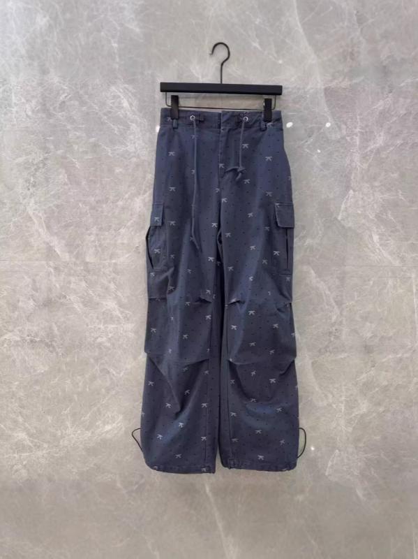カーゴパンツ レディース 春夏 スイートクール リボン ドット柄 プリーツ 裾絞り ロング丈 ハイウエスト ポケット コットン 微ストレッチ ダークブルー カジュアル ボトムス