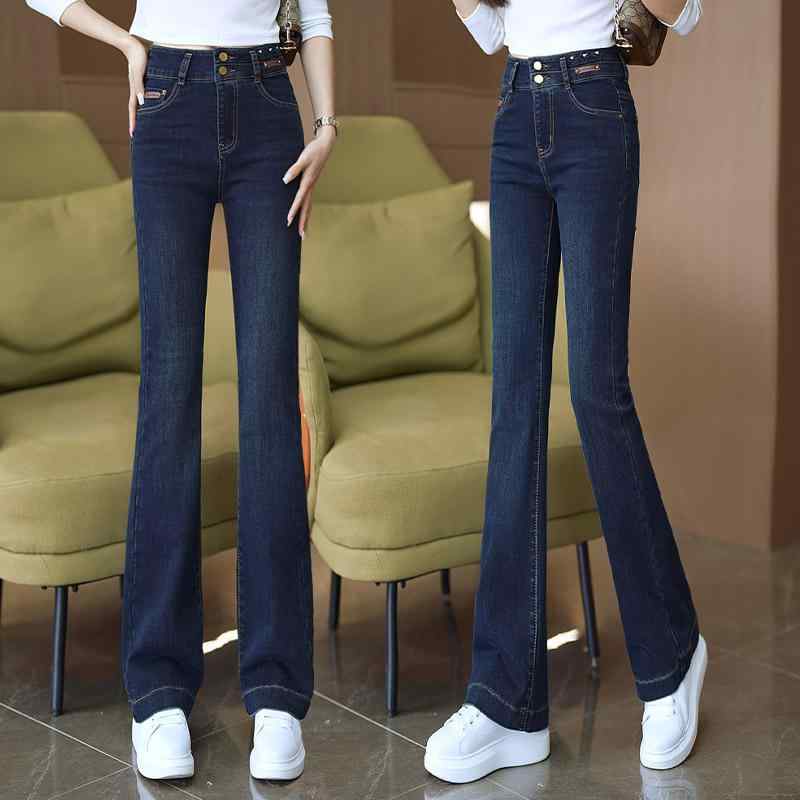 デニムパンツ レディース 女性用 ハイウエスト ブーツカット フレアパンツ スリム 細身 大人カジュアル ストレッチ ウォッシュ加工 小柄 低身長 春秋 ダークブルー 綿 コットン
