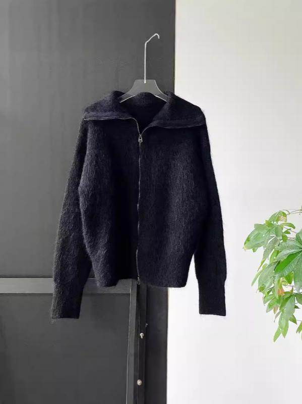ニットカーディガン レディース 女性用 秋冬 ウール モヘア混 ゆったり 襟付き ダブルジップ 長袖 カジュアル シンプル フェミニン トップス