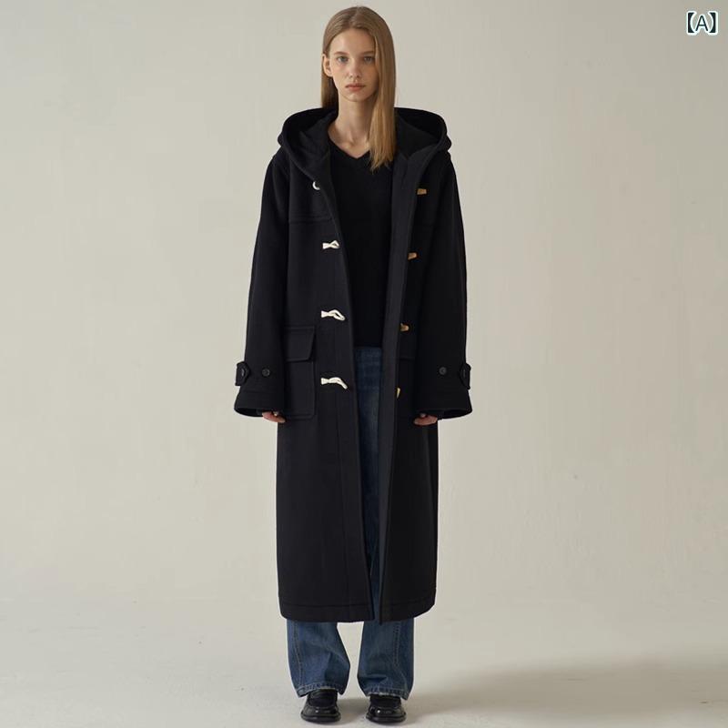 コート レディース 女性用 ダッフル ウール カシミヤ混 フード付き ロング丈 オーバーサイズ 通勤 オフィス 秋冬 きれいめ ポケット付き アウター ブラック