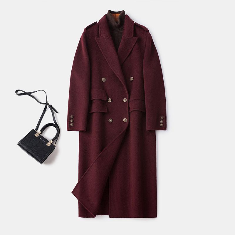 コート レディース 高級感 手縫い 厚手 ダブルフェイス ウール カシミヤ アルパカ ロング丈 テーラードカラー ダブルブレスト 秋冬 オフィス 通勤 普段使い 上品 エレガント