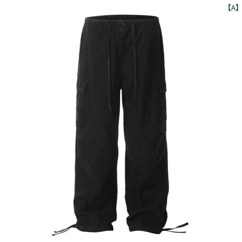 カーゴパンツ ユニセックス アメリカンレトロ ウォッシュ加工 ルーズフィット ドローストリング ワイド マルチポケット ヴィンテージ風 ストリートカジュアル ロング丈 コットンブレンド ブラック グレー