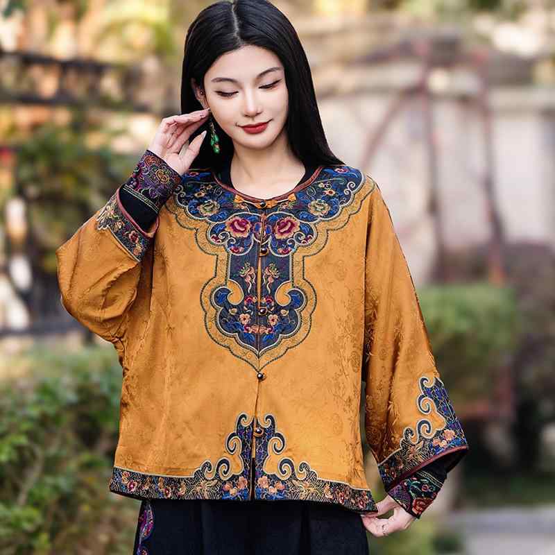 カーディガン レディース 女性用 春夏 ラウンドネック 九分袖 シングルブレスト 前開き レトロ クラシック 刺・墸 サテン 配色 切り替え 民族調 エスニック 黒 赤 黄 通勤 お出かけ 羽織り トップス ポリエステル｜ふんわり暮らし鞄店