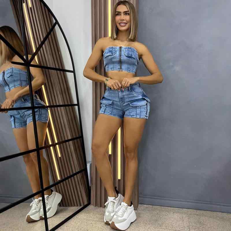 セットアップ レディース デニムパンツ ショートパンツ チューブトップ 欧米風 ストリート セクシー 多ポケット 切り替え ブルー 春夏 普段使い カジュアル ポリエステル