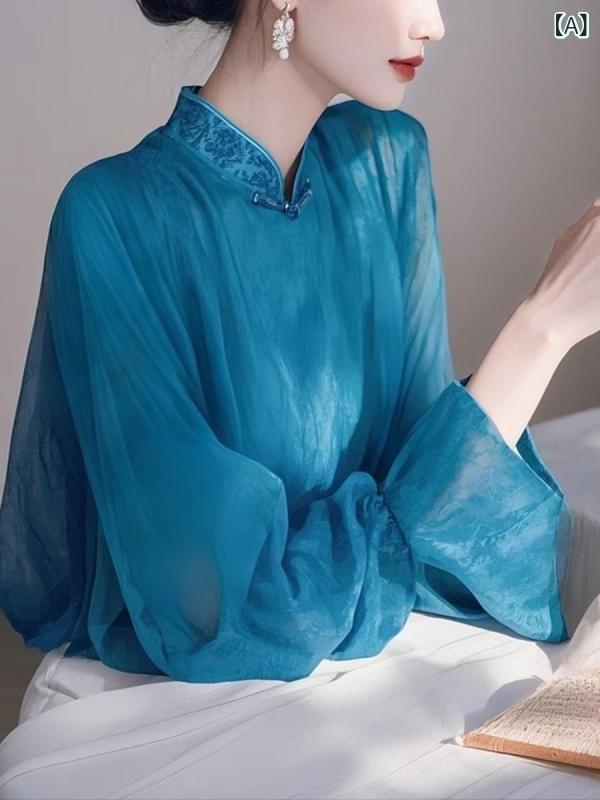 ブラウス レディース 春夏 フレンチスタイル 高級感 上品 エレガント ブルー スクエアネック シフォン 長袖 ゆったり トップス オフィス カジュアル 普段使い ポリエステル