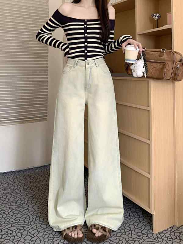 デニムパンツ レディース アメカジ カジュアル ヴィンテージ ウォッシュ加工 ライトブルー ワイド ストレート ハイウエスト フルレングス ゆったり 細見え効果 低身長向け コットン 春夏