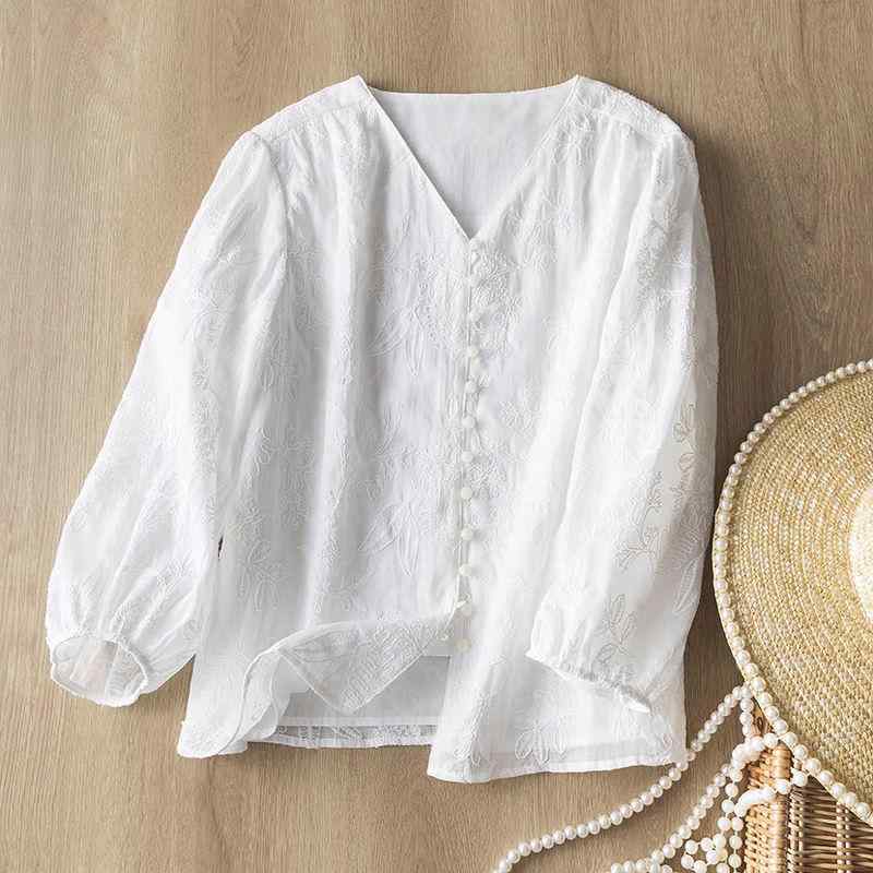 シャツ レディース 女性用 Vネック 水溶性レース 立体刺繍 通気性 麻 ラミー素材 接触冷感 軽量 薄手 ゆったり ビッグシルエット 長袖 ランタンスリーブ 開襟 きれいめ オフィス カジュアル 通勤 ホワイト 春夏