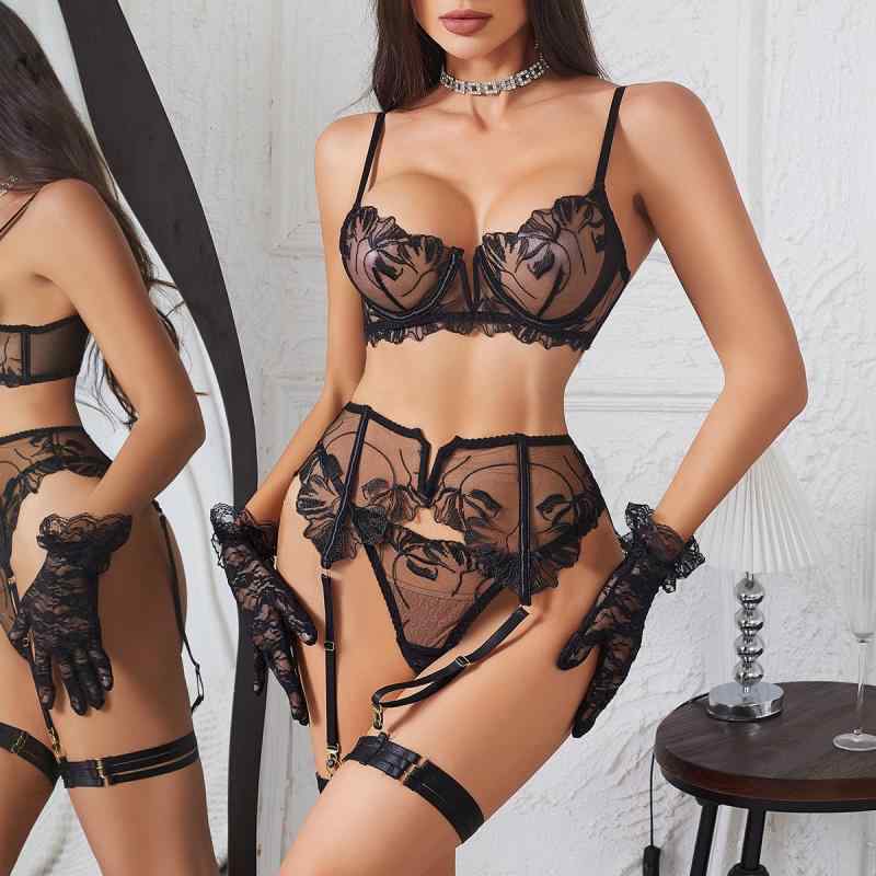 ランジェリー レディース セクシー レース シースルー 透け感 ブラジャー ショーツ ガーターベルト 5点セット 大人のナイトウェア ルームウェア コスプレ 快適 ポリエステル 黒 赤 春夏