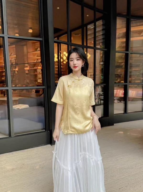 ブラウス レディース 桑蚕シルク ジャカード織り 花柄 スタンドカラー チャイナボタン チャイナドレス風 レトロ 唐装スタイル 半袖 夏 エレガント きれいめ 通勤 オフィス カジュアル