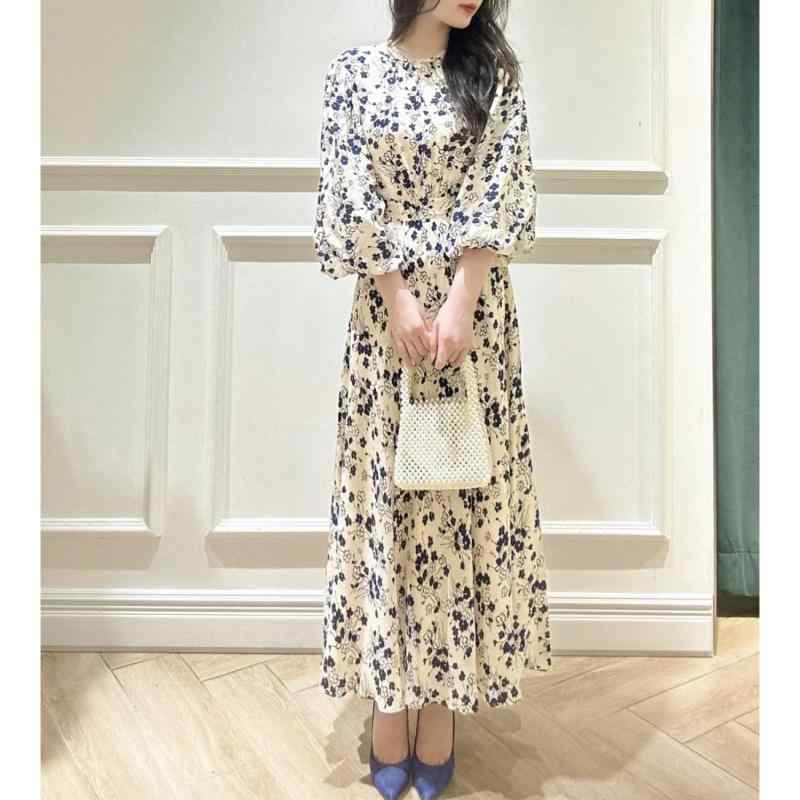 ワンピース フレンチレトロ きれいめ 上品 花柄 ラウンドネック 5分袖 ランタンスリーブ ウエストマーク ロング丈 Aライン ベージュ 春夏 カジュアル