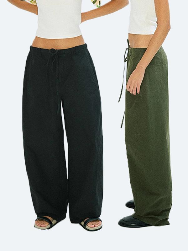 パンツ レディース カーブ コクーンシルエット ローライズ ドローストリング リラックスフィット ワーク カジュアル ストリート コットン 薄手 春夏 ブラック グレー カーキ｜ふんわり暮らし鞄店