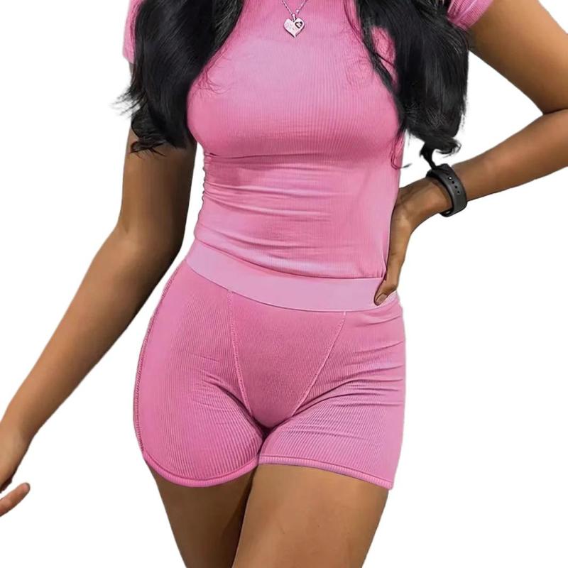 セットアップ レディース 半袖 ショートパンツ 夏 サマー 欧米風 ストリートファッション セクシー カジュアル スリムフィット スタイルアップ スポーツ トレーニング ポリエステル 伸縮性