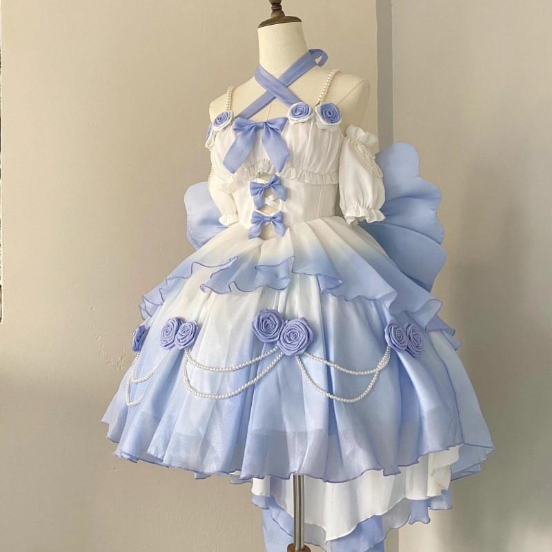 ワンピース レディース ロリータ プリンセスドレス グラデーションピンク 花嫁風 レース フィッシュテール ラメ スパークル 華やか ボリューム ベアトップ Aライン リボン 春夏 フェミニン|ふんわり暮らし鞄店