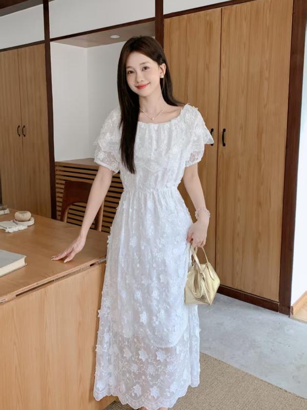 ワンピース レディース オフショルダー フレンチ宮廷風 ビッグカラー 立体刺繍 ロング丈 Aライン パフスリーブ 半袖 ハイウエスト スリムフィット レトロクラシック 通勤 お出かけ 普段使い 夏 ポリエステル