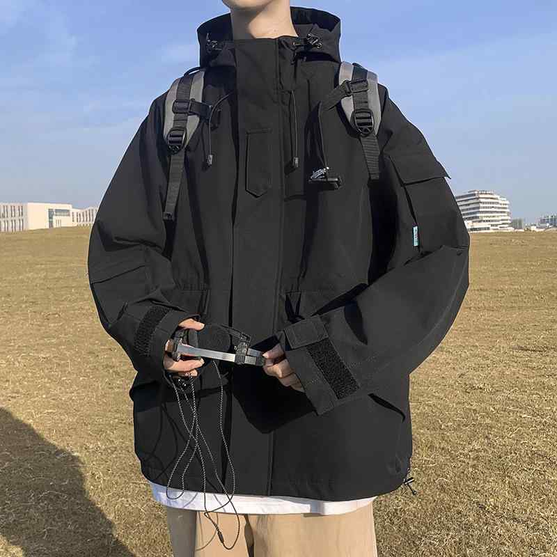 ジャケット メンズ 青少年向け アメリカン ブラックウォーリア 機能性ウェア ウィンドブレーカー 秋冬 トレンド ビッグサイズ フード付き ジップアップ ルーズフィット 無地 耐摩耗性 ポリエステル デイリーユース ブラック グレー