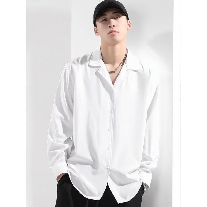 シャツ メンズ キューバ襟 長袖 トップス 春秋 白 黒 ホワイト 男性用 ゆったり ビッグシルエット ドレープ感 高級感 ノンアイロン イージーケア 薄手 カジュアル 普段使い 羽織り