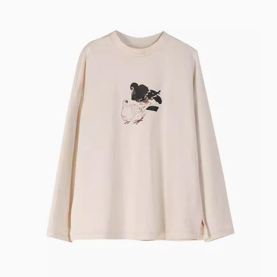 Tシャツ レディース 秋冬 遊び心 手書き風 プリント柄 長袖 ロングスリーブ ゆったり オーバーサイズ コットン 木綿 クルーネック トップス ミドル丈 着回し 日韓カジュアル 普段使い