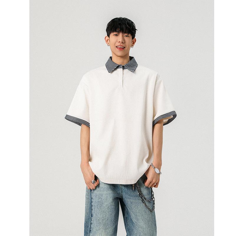 Tシャツ メンズ 男性用 フェイクレイヤード 切り替え チェック柄 半袖 ポロ襟 襟付き ゆったり オーバーサイズ アメカジ ストリート カジュアル 薄手 春夏 ブラック ホワイト