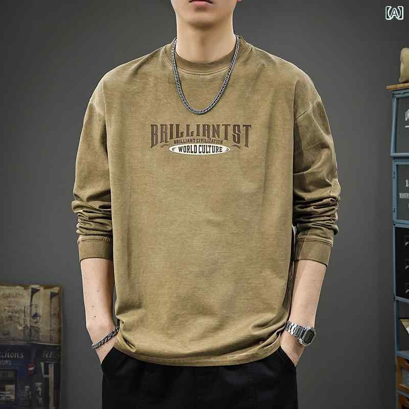 長袖Tシャツ メンズ アメリカンヴィンテージ風 ヘビーウェイト ウォッシュ加工 プリント トップス ビッグシルエット ゆったり クルーネック 大きいサイズ 綿混 春夏 カジュアル ストリート