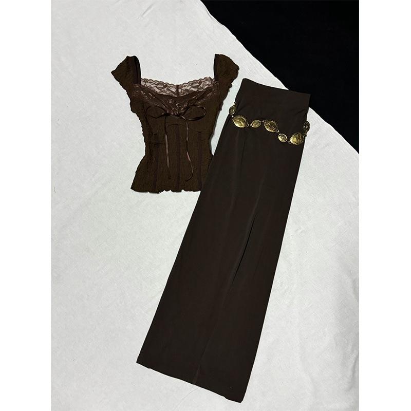 セットアップ レディース 春夏 きれいめ スリムフィット レース 半袖Tシャツ トップス ハイウエスト ロングスカート 2点セット ツーピース 通勤 オフィス デイリー