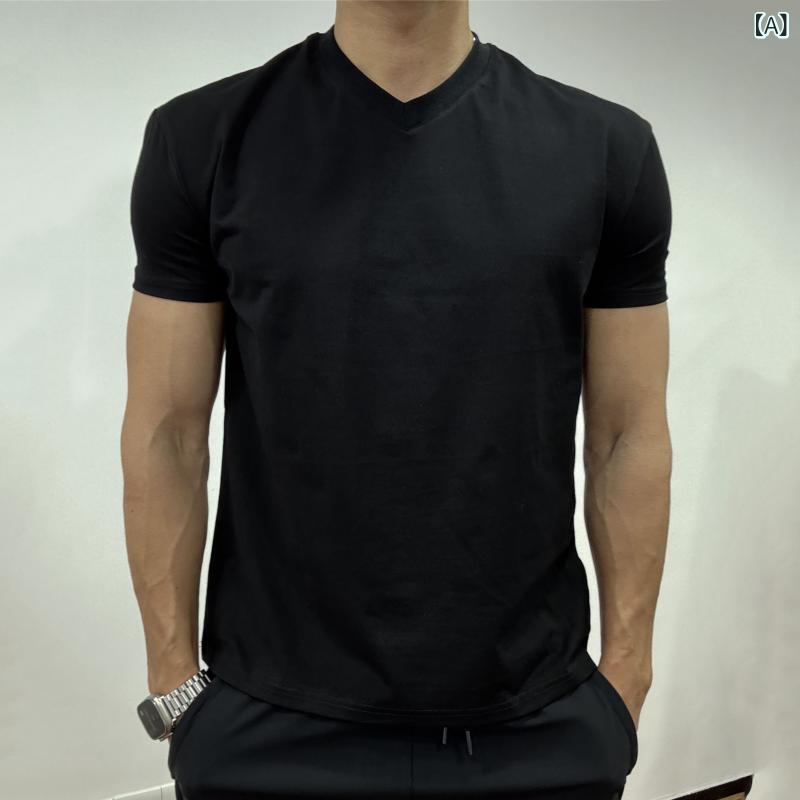 Tシャツ メンズ Vネック 半袖 トップス ゆったり ルーズフィット 着痩せ スタイルアップ 吸湿速乾 伸縮性 綿 コットン スポーツ トレーニング ジム 運動 普段使い カジュアル リブ袖 春夏 ブラック ホワイト グレー
