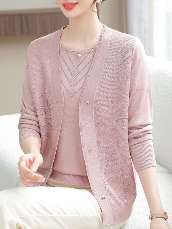 セットアップ ミセス 女性 中高年向け 春夏 ニット カーディガン 半袖Tシャツ 2点セット 薄手 ゆったり エレガント ラインストーン飾り