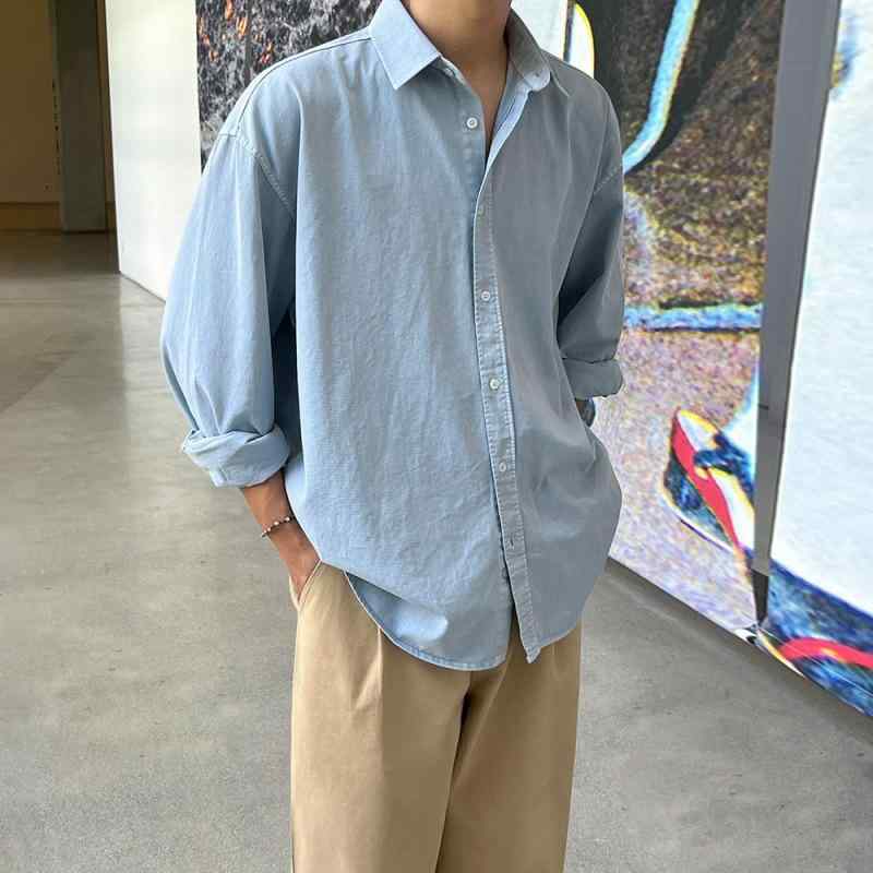 シャツ メンズ 男性用 シンプル レトロ カジュアル 長袖 ゆったり ルーズフィット 綿素材 韓国風 トレンド 高級感 春 普段使い 通勤 ビジネスカジュアル トップス