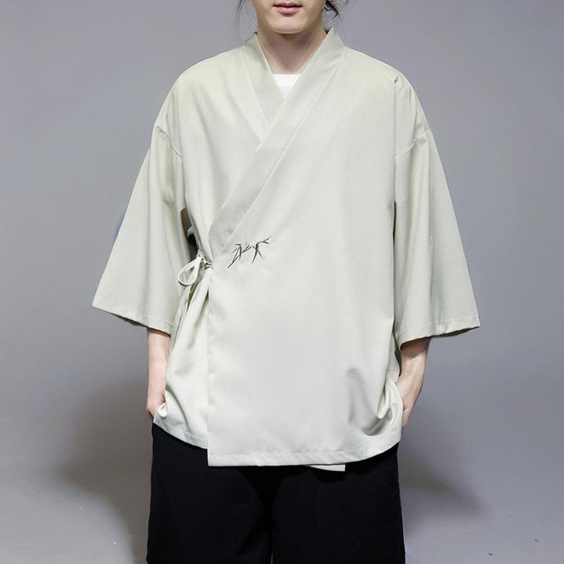漢服 メンズ 七分袖 刺・墸 開襟 羽織り カーディガン アウター セットアップ 中国風 道袍 唐装 斜め合わせ ゆったり リラックス 快適 カジュアル 普段使い ポリエステル 春夏