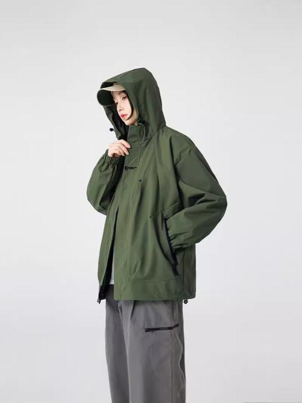 ジャケット メンズ 春秋 フード付き ゆったり ルーズ ビッグシルエット 防水 防風 耐摩耗 カジュアル アウトドア ワークウェア マウンテンパーカー ブルゾン ポリエステル 黒 パープル グリーン カーキ