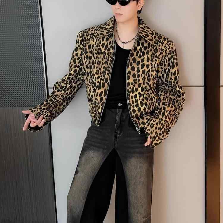 ジャケット メンズ ヒョウ柄 デニム 綿素材 アメリカンヴィンテージ アメカジ ストリート系 クール 大人カジュアル ウォッシュ加工 ショート丈 襟付き 長袖 春秋アウター