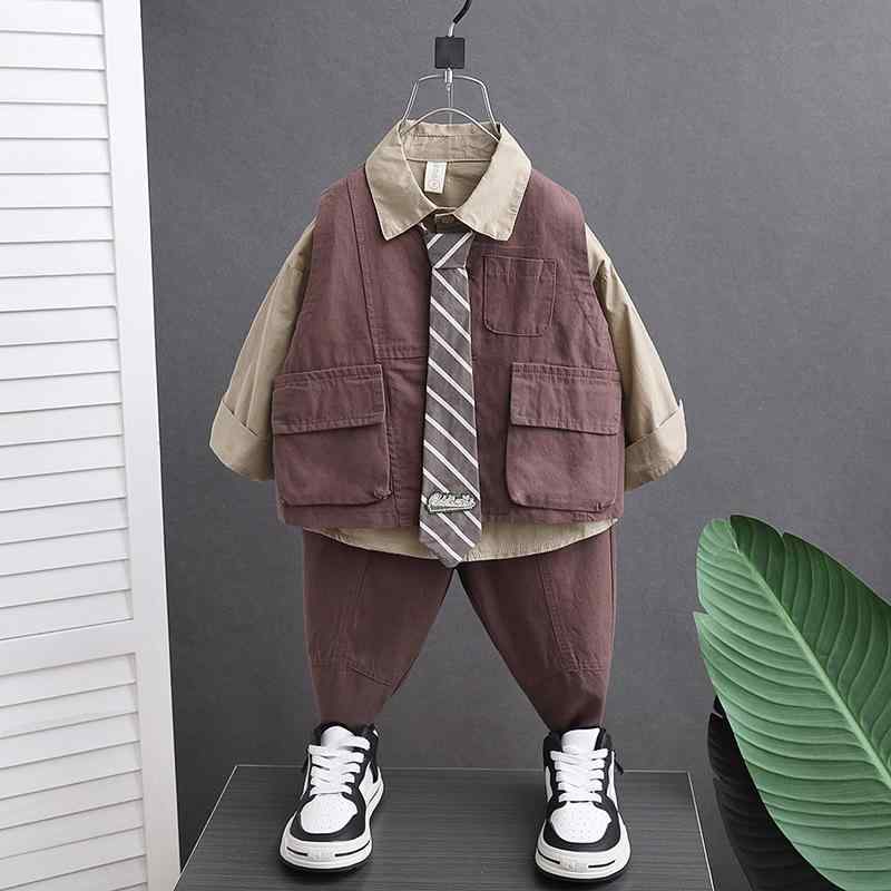キッズ 男の子 ベビー セットアップ 春秋 ワークウェア カジュアル ベスト ジレ 長袖 シャツ 長ズボン パンツ 三点セット スリーピース 綿 コットン カーキ おしゃれ シングルボタン 4,798円