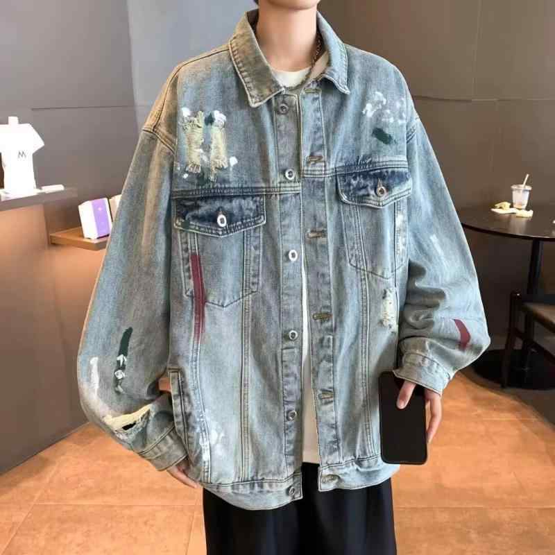 Gジャン メンズ ウォッシュ加工 グラフィティ ダメージ加工 ユーズド加工 ゆったり オーバーサイズ デザイン性 ストリート カジュアル コットン ブルー 春秋アウター
