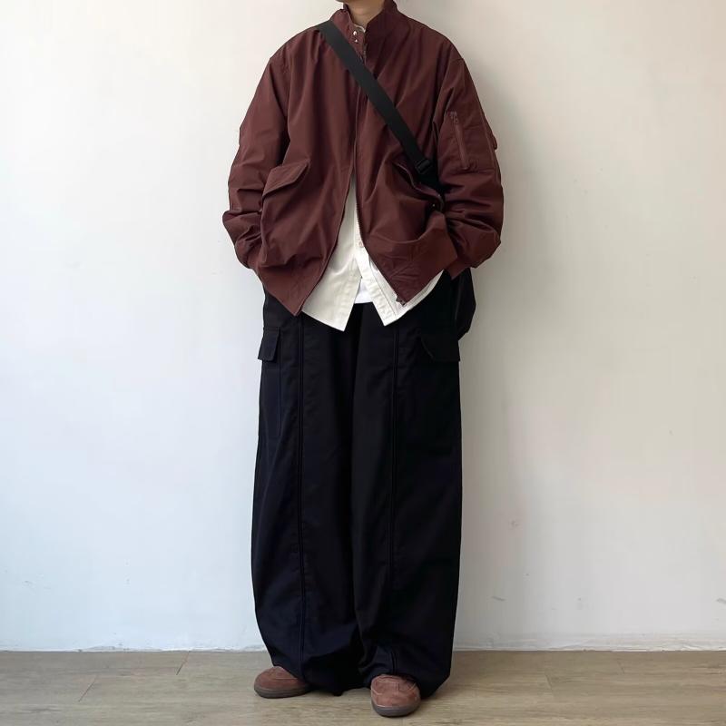 ジャケット メンズ 男性用 日系 レトロ ストリート カジュアル ハリントンジャケット フライトジャケット ワークジャケット アウター 春秋 ルーズ ゆったり オーバーサイズ スタンドカラー 立ち襟 ポリエステル 混紡繊維 長袖 ワインレッド ライトアウ