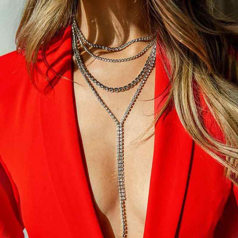 ネックレス レディース 女性用 レイヤード ロング タッセル フリンジ ジルコニア ラインストーン 煌めく キラキラ ファッション エレガント オフィス カジュアル 普段使い パーティー ゴールド シルバー