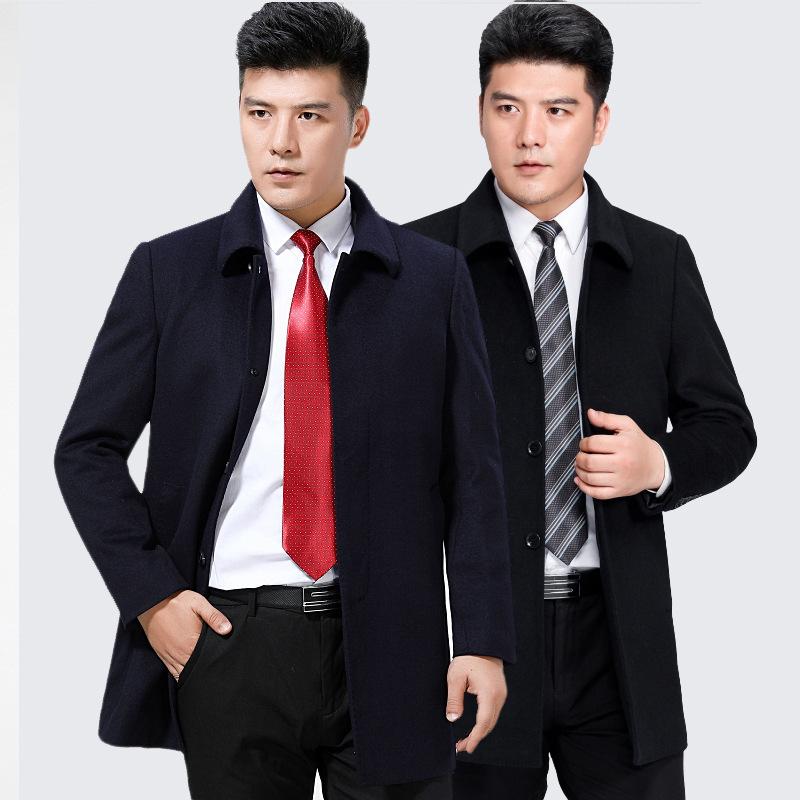 コート メンズ 男性用 カシミヤ 中綿入り 裏地ポリエステル ミドル丈 シングルブレスト 襟付き ビジネス カジュアル 父親向け 厚手 暖かい 高級感 着回し ゆったり 大きいサイズ ノーアイロン 秋冬 冬アウター ダークブルー ブラック