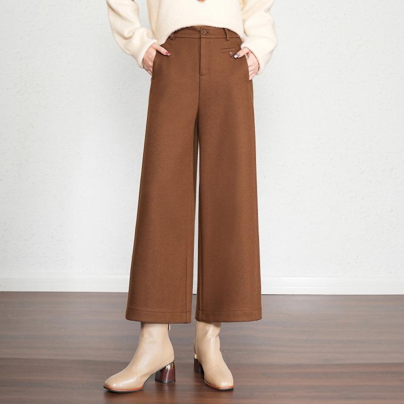パンツ レディース 秋冬 ハイウエスト ウール 羊毛 ドレープ感 ストレート ワイド 九分丈 クロップド 厚手 きれいめ カジュアル 通勤 普段使い