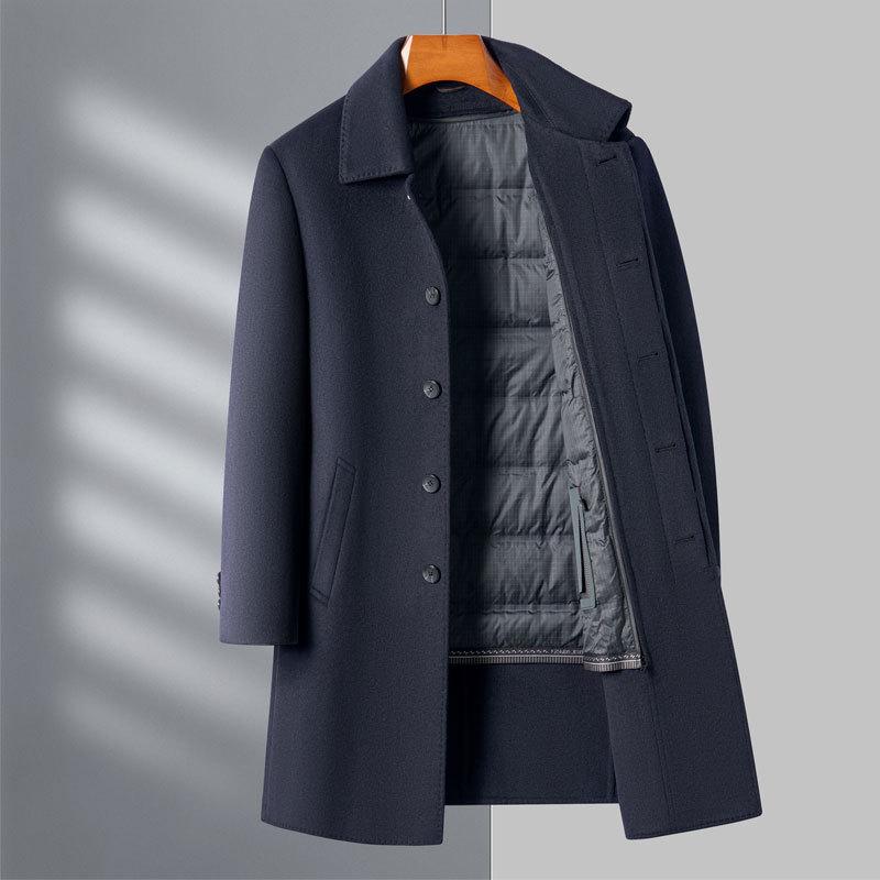 コート メンズ 男性用 ダブルフェイス カシミヤ ウール ミドル丈 テーラードカラー 中高年 ビジネス カジュアル 普段使い 厚手 防寒 保温 形態安定加工 秋冬 ネイビー グレー アウター｜ふんわり暮らし鞄店