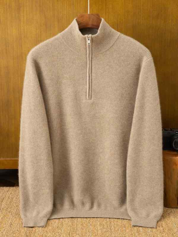 ニット メンズ モックネック ハーフジップ 上質カシミヤブレンド 厚手 ざっくり編み ゆったり 長袖 無地 ビジネスカジュアル 通勤 普段使い 冬物