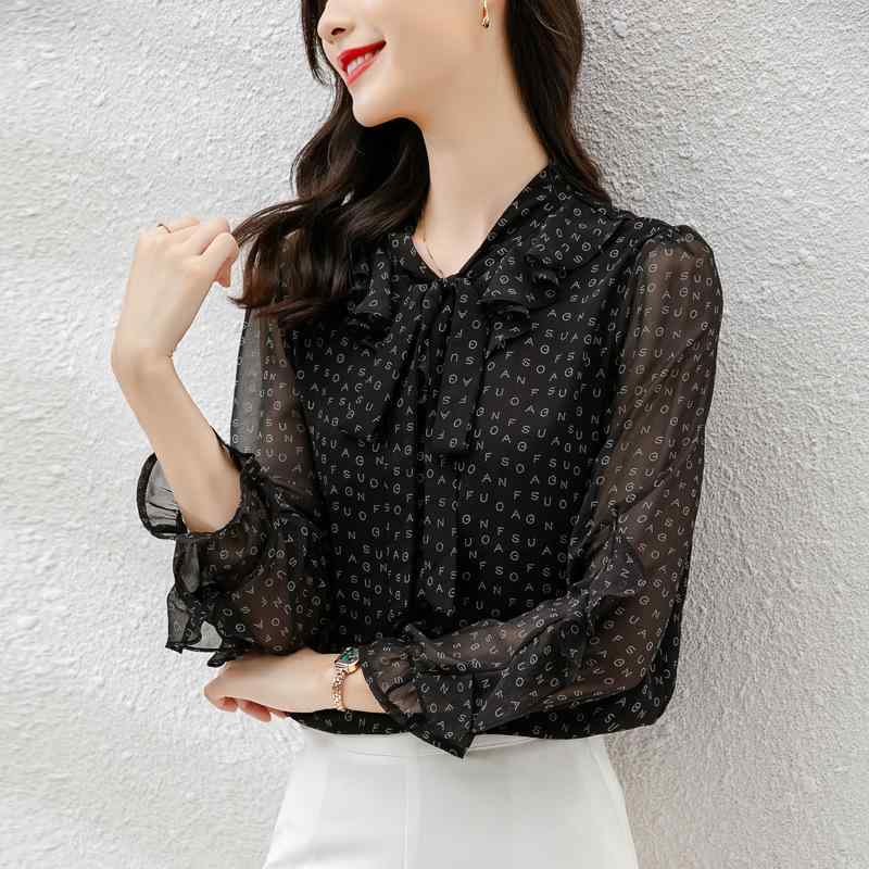 ブラウス レディース シアー シースルー トップス 女性用 長袖 薄手 シルクシフォン UVカット 日焼け対策 秋物 トレンド エレガント 韓国ファッション 通勤 オフィス ブラック