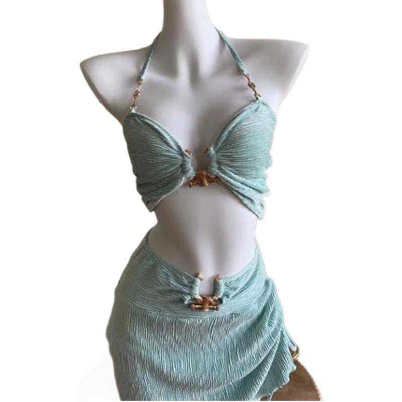 水着 レディース 春夏 三点セット セパレート ビキニ 体型カバー 着痩せ バックシャン 純欲スタイル 無地 ブルーグリーン カップ付き ノンワイヤー 温泉 リゾート ビーチ バカンス