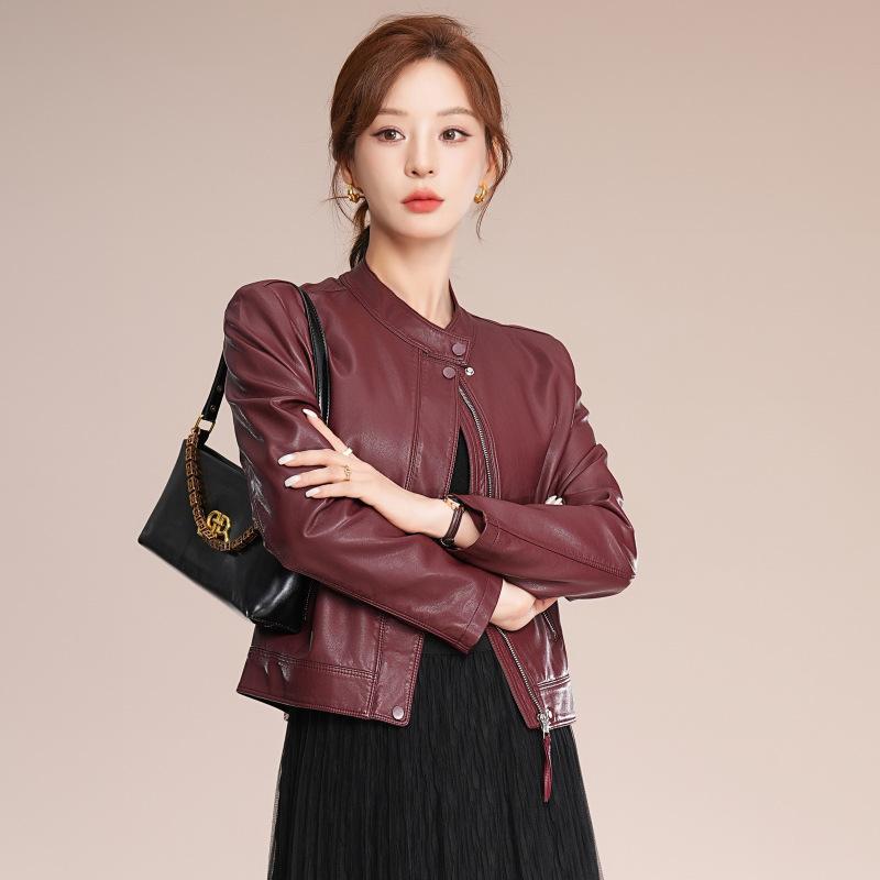レザージャケット レディース 女性用 本革 羊革 ノーカラー ショート丈 スリムフィット 高級感 韓国風 おしゃれ カジュアル 秋冬 ブラック ブラウン 通勤 きれいめ