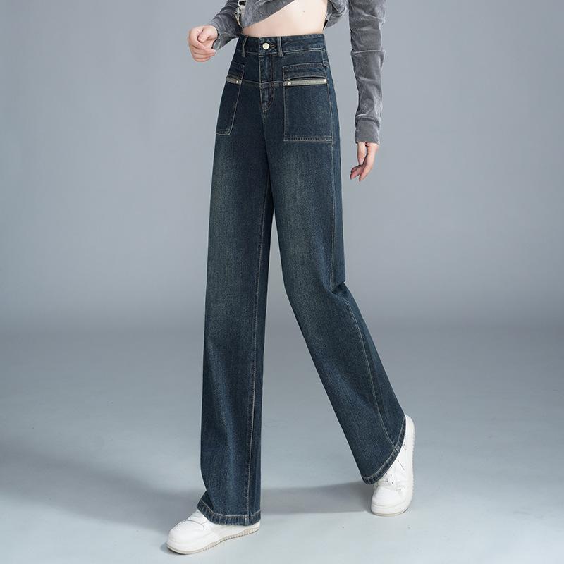 デニムパンツ レディース 女性用 高級感 レトロ ハイウエスト 細見え ゆったり ワイド ストレート ロング丈 厚手 ストレッチ コットン ブルー 秋冬｜ふんわり暮らし鞄店