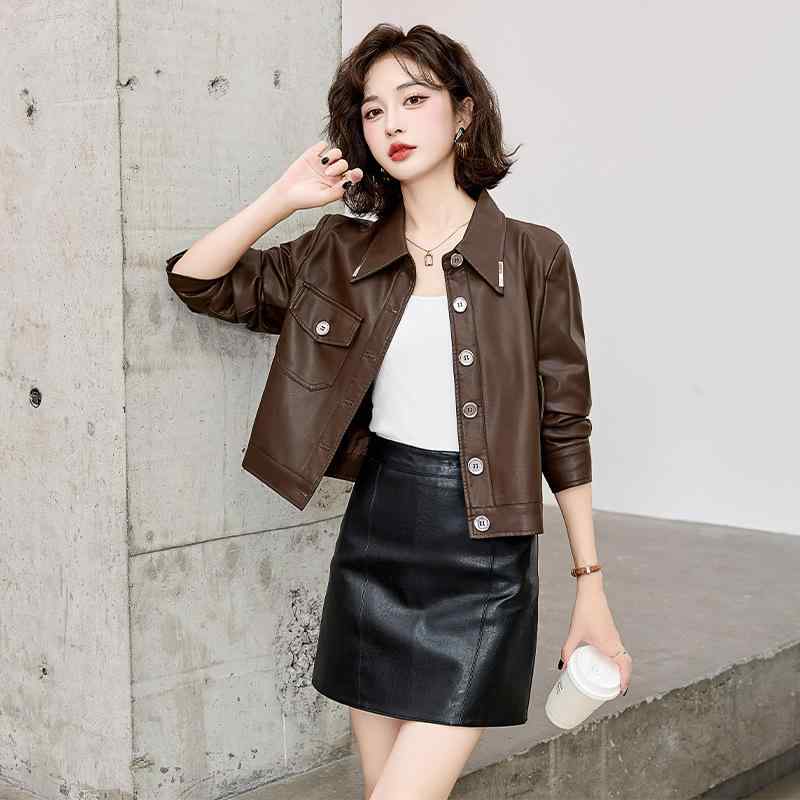 レザージャケット レディース 女性用 ライダースジャケット 革ジャン 本革 羊革 シープスキン ショート丈 小柄 ハイウエスト 春秋 通勤 オフィス カジュアル ストリート バイカー カーキ ブラック|ふんわり暮らし鞄店