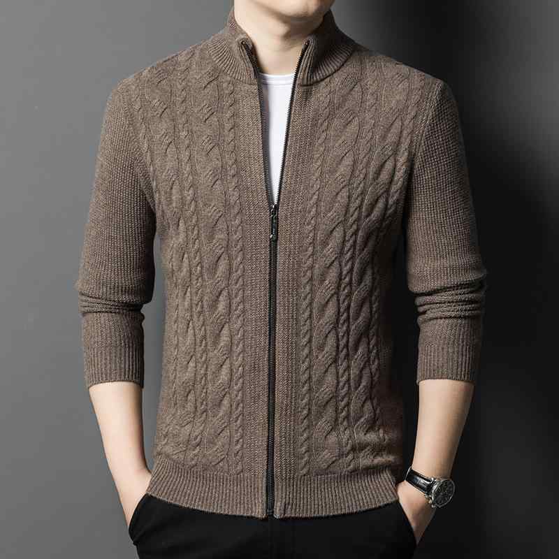 ニットカーディガン メンズ 男性用 カシミヤ ウール スタンドカラー ジップアップ ファスナー 長袖 厚手 肉厚 保温 防寒 スリム スタイリッシュ 秋冬 普段使い カジュアル|ふんわり暮らし鞄店