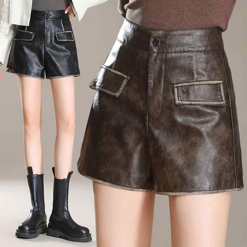 ショートパンツ レディース 本革 羊革 シープスキン ハイウエスト ワイド ガウチョ ショート丈 秋冬 着回し 通勤 オフィス カジュアル 上品 エレガント 無地 ブラック ブラウン