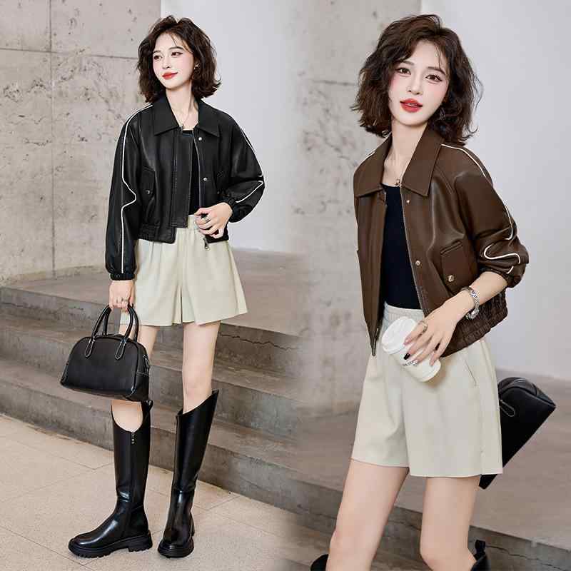 レザージャケット レディース 女性用 本革 シープスキン 羊革 ショート丈 ゆったり ルーズフィット 大きいサイズ ビッグサイズ 春秋 オールシーズン 韓国スタイル きれいめ 通勤 着回し カーキ ブラック シングルブレスト｜ふんわり暮らし鞄店