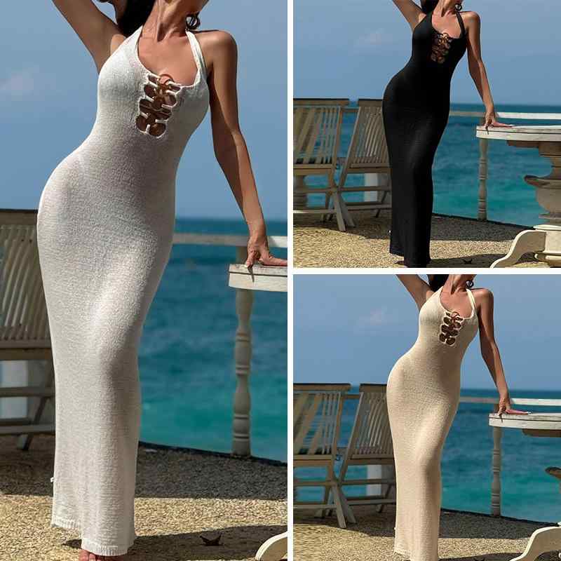 ワンピース レディース 春夏 セクシー バックシャン ホルターネック ノースリーブ メタルリング ストラップ ロング丈 ビーチ リゾート 旅行 お出かけ ポリエステル