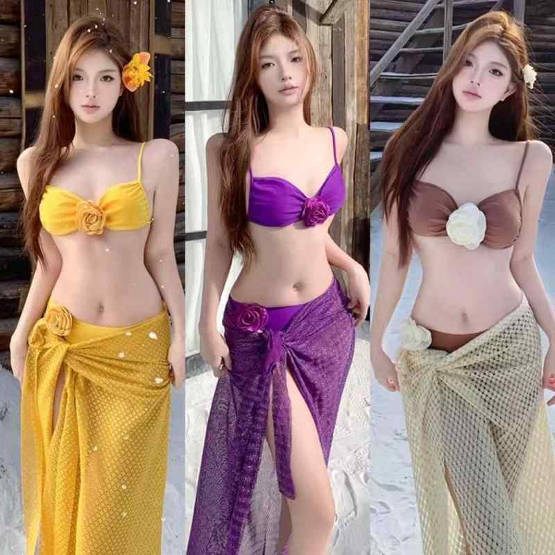 水着 レディース セパレート ビキニ スカートタイプ 上品 エレガント セクシー 大人可愛い 美肌効果 ロングパレオ付き カメリア柄 ナイロン ポリエステル ビーチ リゾート プール スイミング 水遊び パッド入り ノンワイヤー