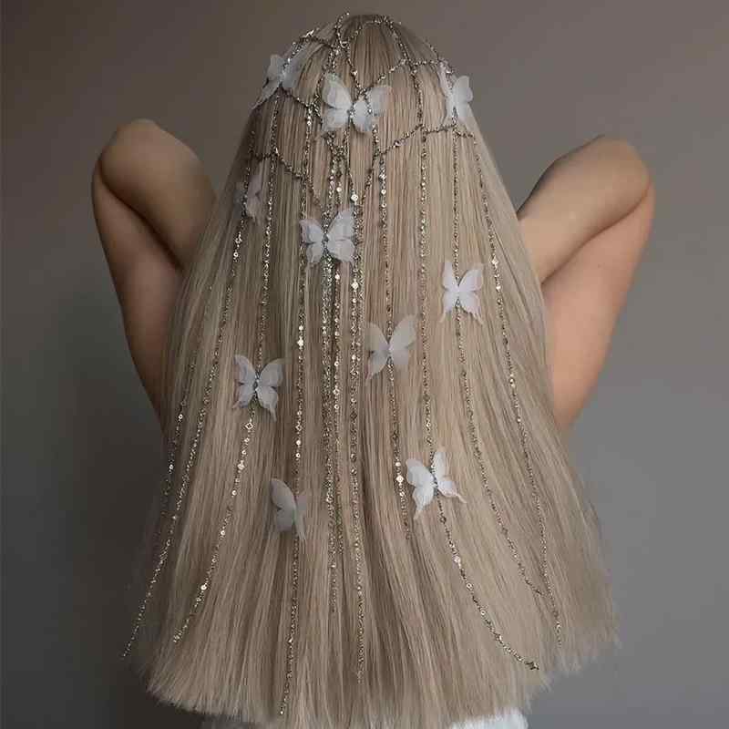 ヘアアクセサリー レディース 女性用 蝶々モチーフ 透かし彫り ラインストーン クリスタル タッセル カチューシャ ヘッドバンド エレガント 上品 ブライダル 結婚式 披露宴 パーティー お呼ばれ 髪飾り