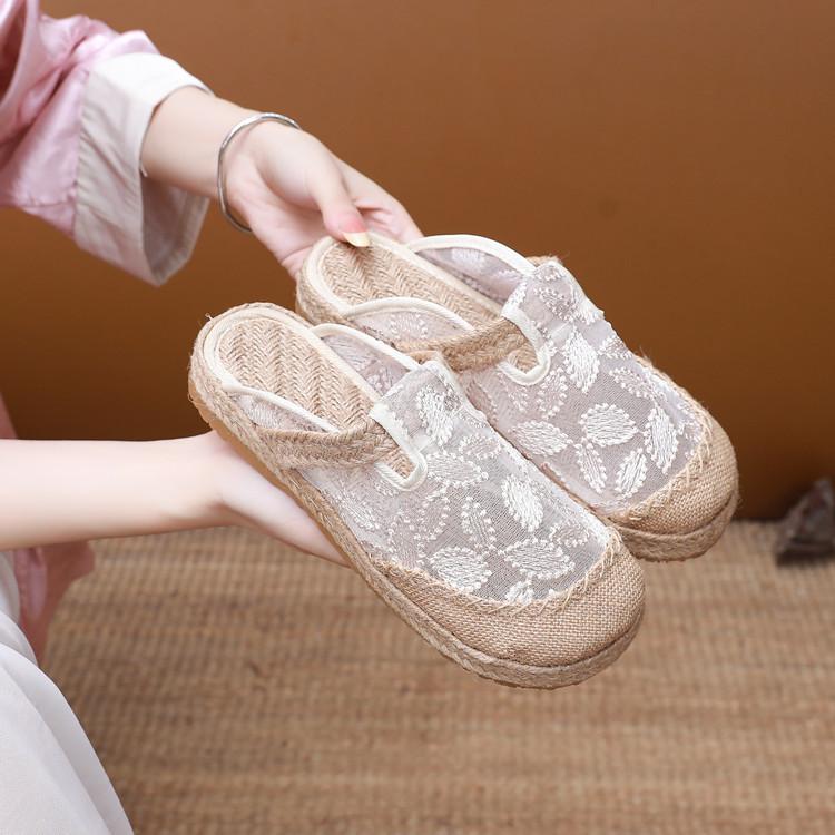 サンダル レディース 女性用 リネン 亜麻 編み込み メッシュ スリッポン 一足履き ミュール バックレス カジュアル 普段使い 外履き つま先カバー ラウンドトゥ 軽量 快適 エスニック 民族風 春夏秋
